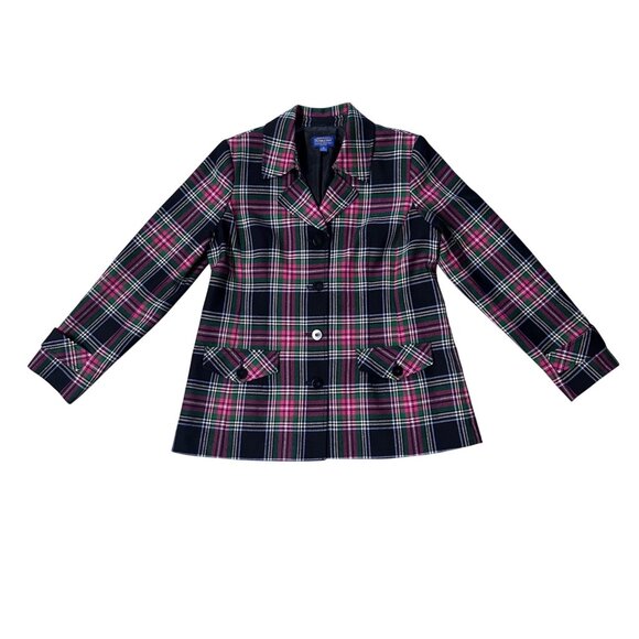 Pendleton Womens Plaid Blazer Jacket Sz 14 Black Pink Wool Button Front Pockets - Picture 2 of 7
